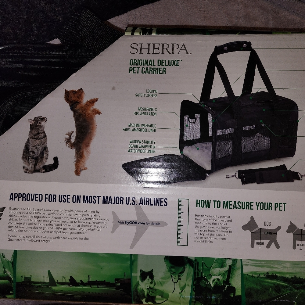 Dog or Cat carrier. Up to 16lbs, size M, black. Approved for airlines.